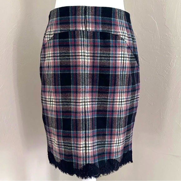 Tibi Lace Trim Red Blue Black & White Check Plaid Wool Pencil Skirt Size 4 - Picture 8 of 15